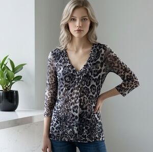 Johnny Heaven Gray Leopard Mesh Blouse Medium V-Neck Sheer Sleeve Animal Top